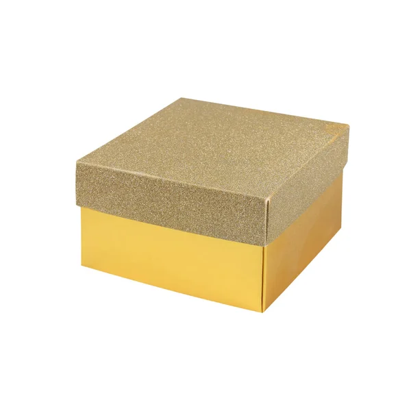 Caixa Presente Ouro Fundo Branco — Fotografia de Stock