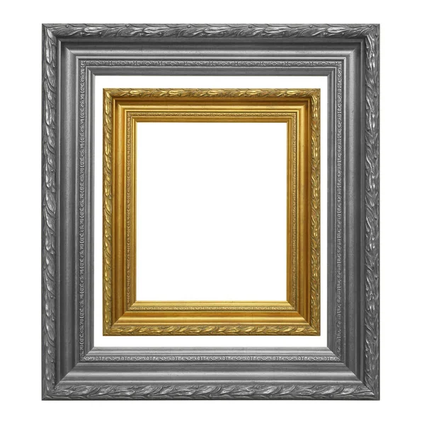 Moldura Ouro Antigo Quadro Cinza Fundo Branco — Fotografia de Stock