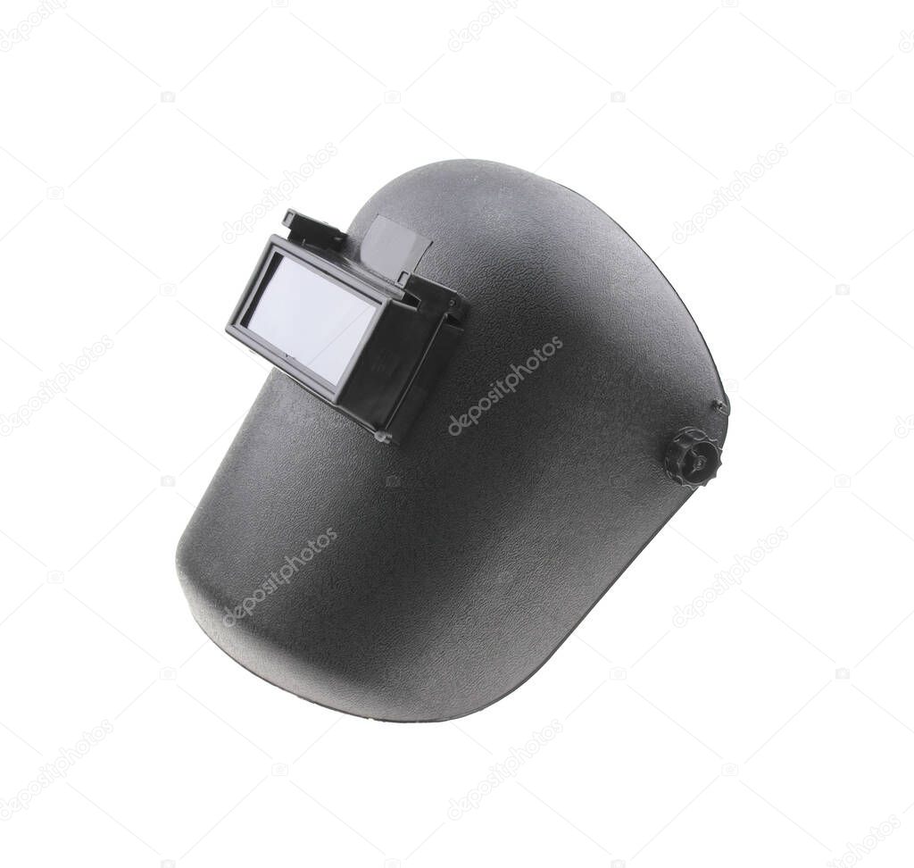 Black plastic protective welding mask helmet on white background