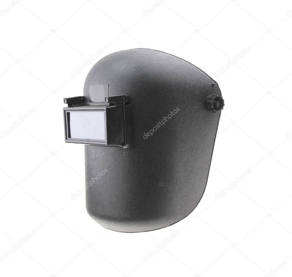Black plastic protective welding mask helmet on white background