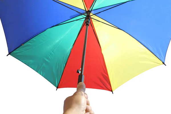 Segurando Guarda Chuva Multicolorido Isolado Mão — Fotografia de Stock