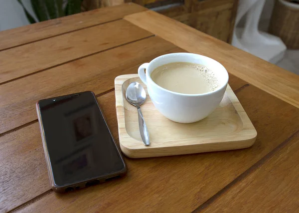 Cup Hot Coffee Mobile Phone Wooden Table — Stock Photo, Image