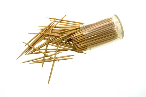 Wooden Toothpicks Plastic Jar Isolated White Background — Fotografia de Stock