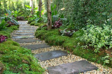 Yeşil bahçede peyzaj. Parktaki patika, kavisli taş fayanslı yürüyüş yolu