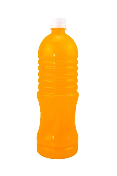 Plastic Bottles Fresh Orange Juice White Background — Zdjęcie stockowe