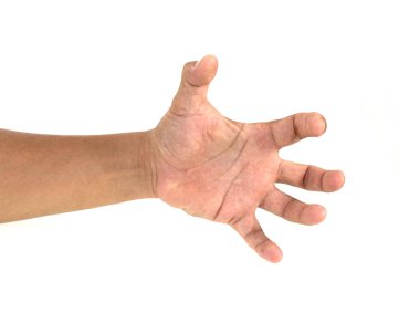 Beyaz arka planda izole edilmiş bir şeyi tutan erkek el..