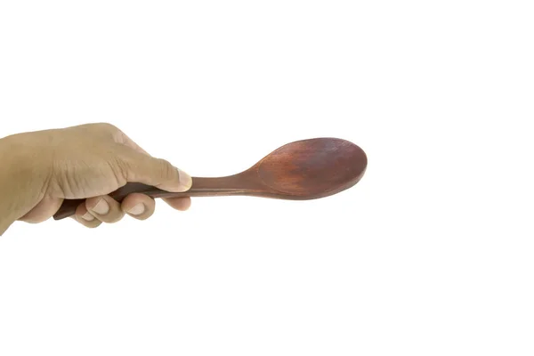 Wooden Spoon Hand Men Isolated White — стоковое фото