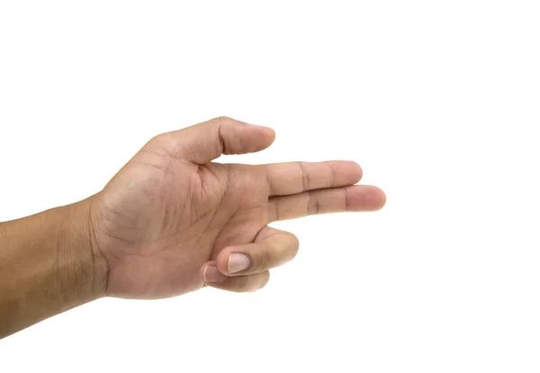 Mann Hält Etwas Isoliertes Auf Weißem Hintergrund Der Hand — Stockfoto