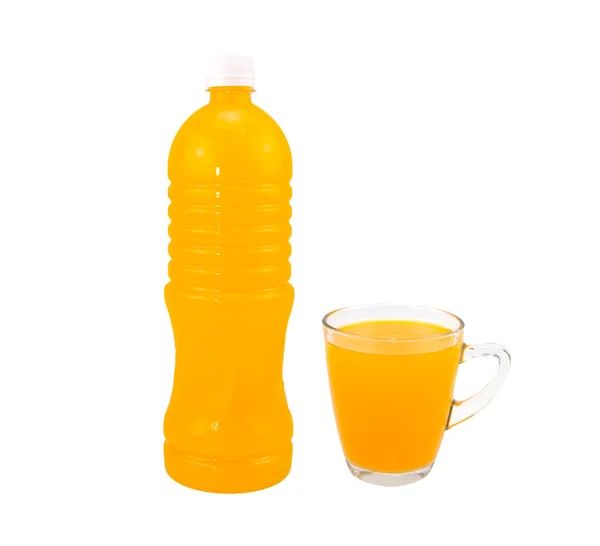 Orange Juice Plastic Bottles Glass White Background — Stock fotografie
