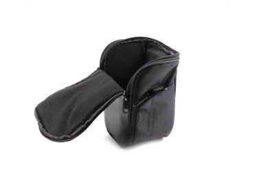 Küçük siyah çanta kamerası izole edilmiş beyaz arkaplan