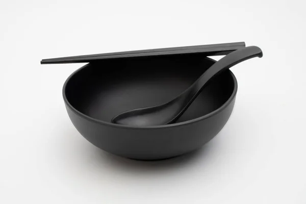 Black Bowl Chopsticks Spoon White Background — Stock Photo, Image
