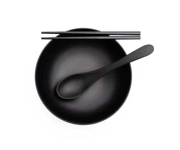 Black Bowl Chopsticks Spoon White Background — Stock Photo, Image