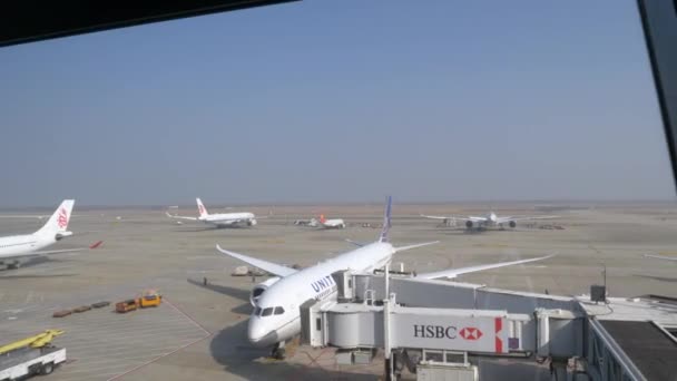 Airplanes at airport terminal preparation in daytime. Transportation in China — 비디오