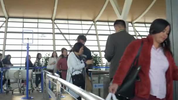 HONG KONG - 20 JANVIER 2020 : Un employé de l'aéroport enregistre les voyageurs avec leurs bagages après leur vol à l'aéroport de Hong Kong — Video