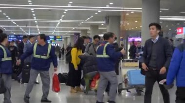 HONG KONG - 23 HAZİRAN 2020: hostes bir çifte havaalanında yardım ediyor ve çantaları taşıyor