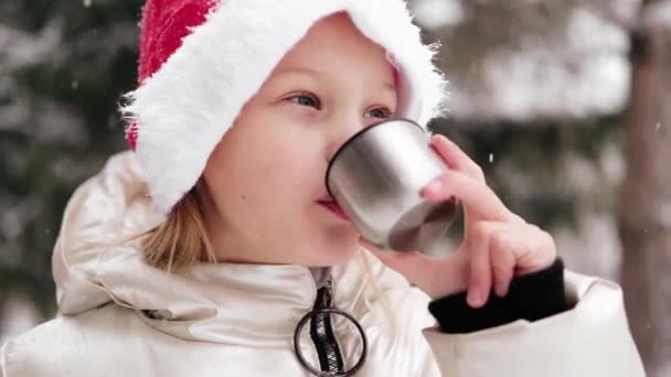 木々の前の路上で魔法瓶カップから熱いお茶を飲む赤いクリスマスの帽子の冷凍少女 暖かい飲み物だ 冬の野外活動 サンタ ハットの子供は冬の森のピクニックで楽しんでいます — ストック動画