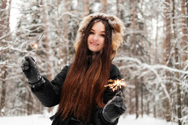 Woman Black Coat Holding Sparkler Hand Smiling Looking Camera Years — Stock Photo, Image