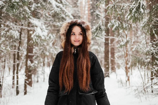 Young Woman Black Coat Walking Winter Forest Smiling Girl Long — 图库照片