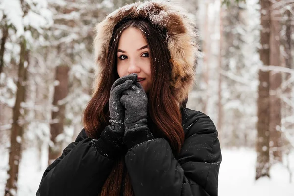 Young Woman Coat Hood Standing Winter Forest Warming Hands Girl — Stock Photo, Image