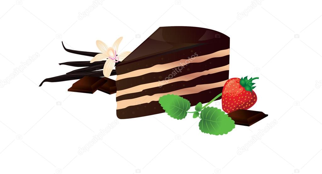 Chocolate cake with vanilla, mint and strawberry in vector