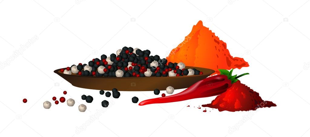 Black, red, white chili pepper spices in vector