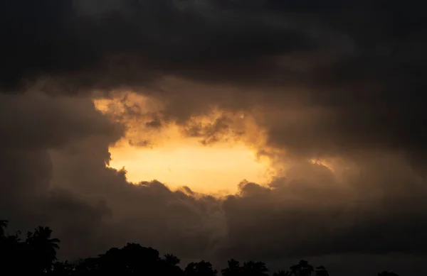 Nubes Oscuras Noche Reúnen Horizonte Sobre Línea Árboles Sol Brillante — Foto de Stock