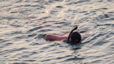 Adam akşamları Galle sahilindeki sığ sularda şnorkelle yüzüyor. Açık hava turistik eğlence aktiviteleri.