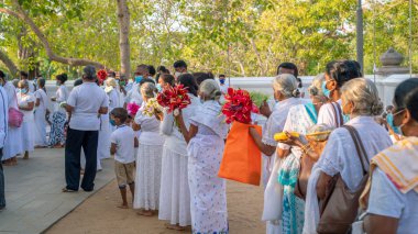 Anuradhapura, Sri Lanka - 03: 31: 2021: Çiçek ve adak taşıyan Budist dindarlar, Jaya Sri Maha Bhodi 'de sıra bekliyorlar.