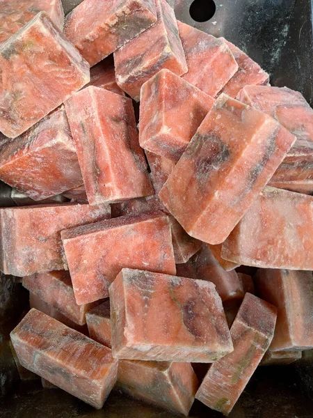 Unpackaged Frozen Salmon Blocks Pink Fish Blocks Zero Waste Store Royalty Free Stock Fotografie