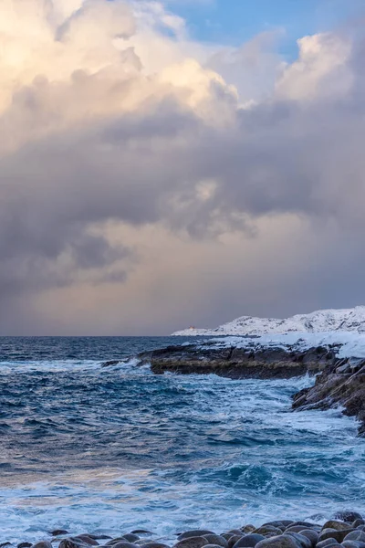 Winter Sea Snow Covered Rocky Shores Small Lighthouse Promontory Distance Royalty Free Stock Obrázky