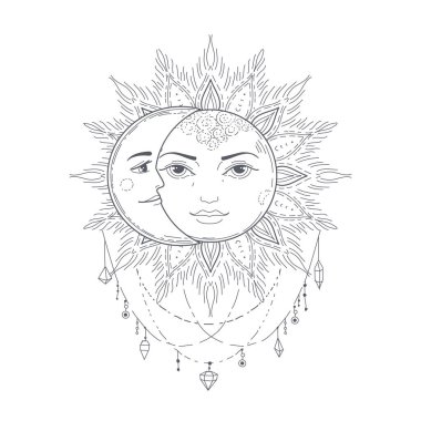 Esrarengiz sembol güneş ve ay boho illüstrasyonu