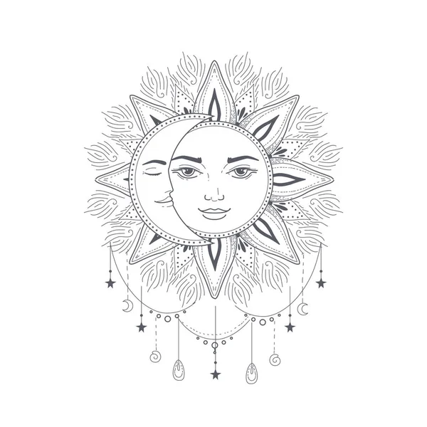 Esrarengiz sembol güneş ve ay boho illüstrasyonu — Stok Vektör