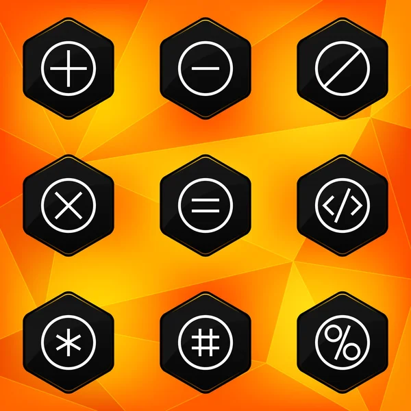 Symbol. Hexagonal icons set on abstract orange background — Stock Vector