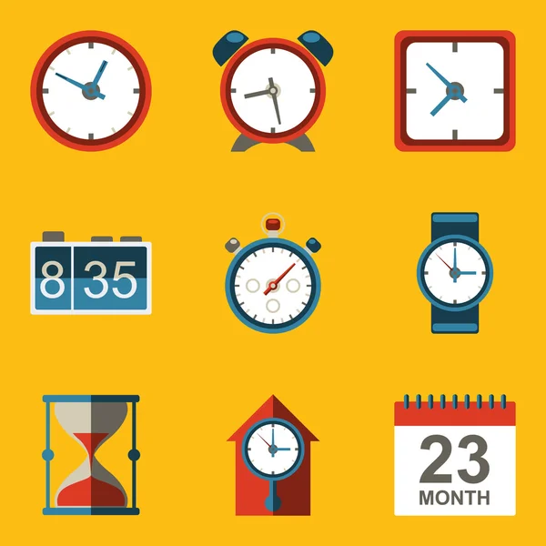 Conjunto de iconos planos. El tiempo. Reloj despertador — Vector de stock