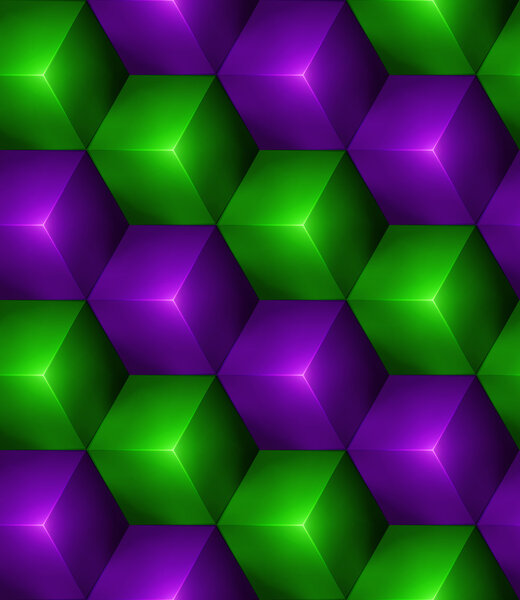 3d Абстрактный бесшовный фон с зеленым и фиолетовым кубиками
