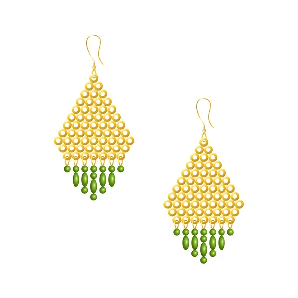 Gold earrings with green beads, isolated on white background — Stock Vector