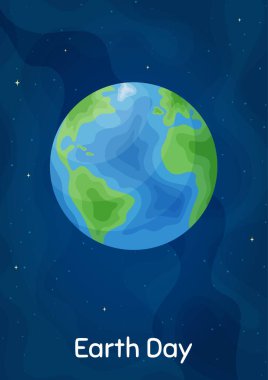 World Earth Day ecology protection poster. Vertical starry blue background with cartoon style planet Earth. Environment concept banner, saving ecology and global recycling program concept