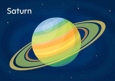 Cartoon space planet Saturn vector illustration. Galaxy space objects art on starry dark blue horizontal background with cartoon style solar system planet Saturn for space planetary design concept