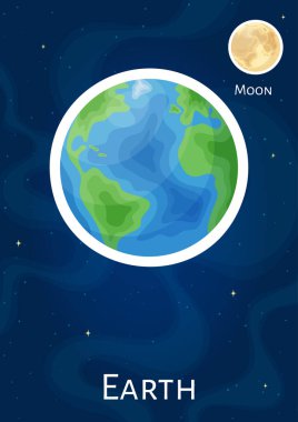 Flat astronomical planet Earth design sticker, cartoon round celestial object with satelite Moon patch, comic space sphere vector illustration label on blue cosmic background for astronomy graphic 