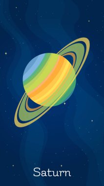 Star system planet Saturn vector illustration. Celestial sphere object graphic concept with space planet Saturn on starry night sky comic style vertical background for universe art decoration.