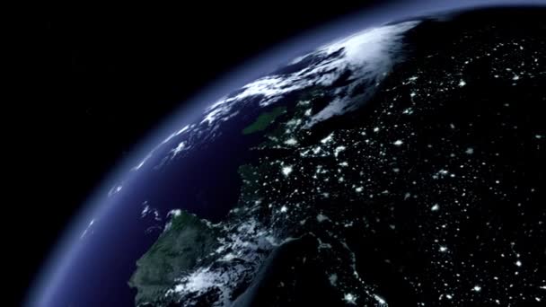Ziemia powiększenia, animacja 3d, zoom do ziemi w nocy, intro — Wideo stockowe
