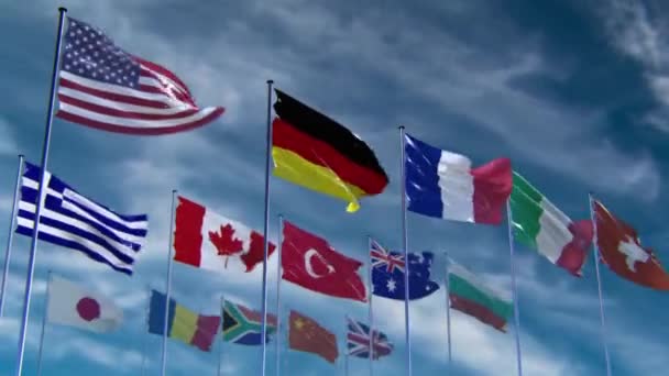 Banderas de diferentes naciones — Vídeo de stock
