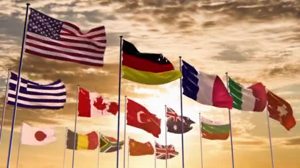 Flaggen verschiedener Nationen — Stockvideo