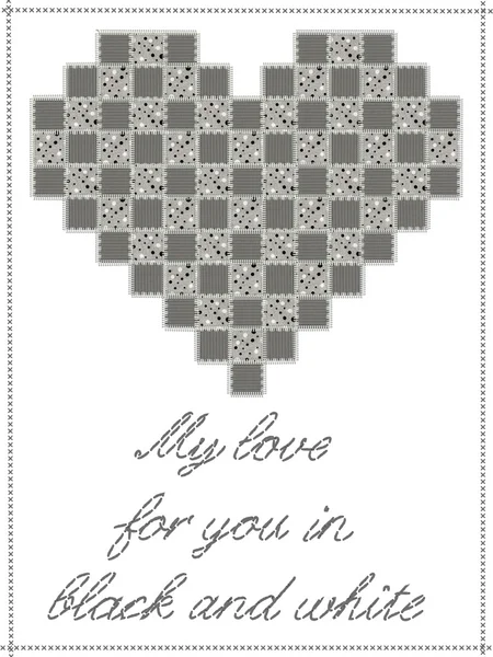 Black and white patchwork heart with cross stitch border and message — Stock Photo, Image