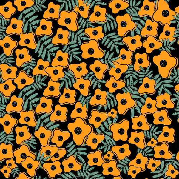 Цветочный Бесшовный Узор Листьями Фантазии Цветок Оранжевый Цветок Бесшовный Узор — стоковый вектор