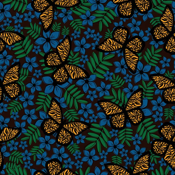 Colourful Flowers Seamless Pattern Butterflies — стоковый вектор