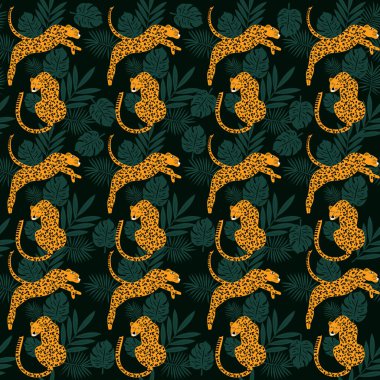 Doodle tiger with tropical leaves seamless pattern, vector seamless pattern with doodle tiger, tropical seamless pattern with tiger