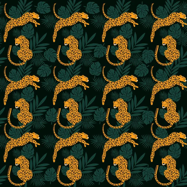 Doodle tiger with tropical leaves seamless pattern, vector seamless pattern with doodle tiger, tropical seamless pattern with tiger