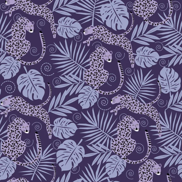 Tropical Leaves Seamless Pattern Doodle Tiger — стоковый вектор