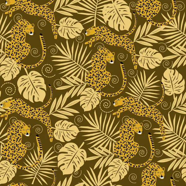 Seamless Pattern Doodle Tropical Leaves Doodle Tiger — Stockvektor